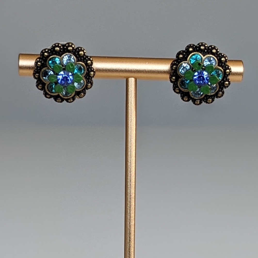 Round Michal Negrin-Style Blue & Green Flower Earrings